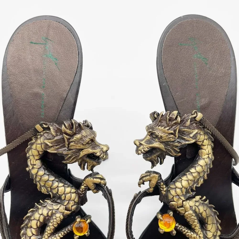 Giuseppe Zanotti Vicini Vintage Dragon Embellished Leather Heeled Sandals IT 36